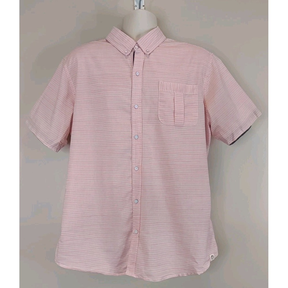 Free Planet Men Pink White Pinstripe Grey Trim Short sleeve Shirt Size Xl